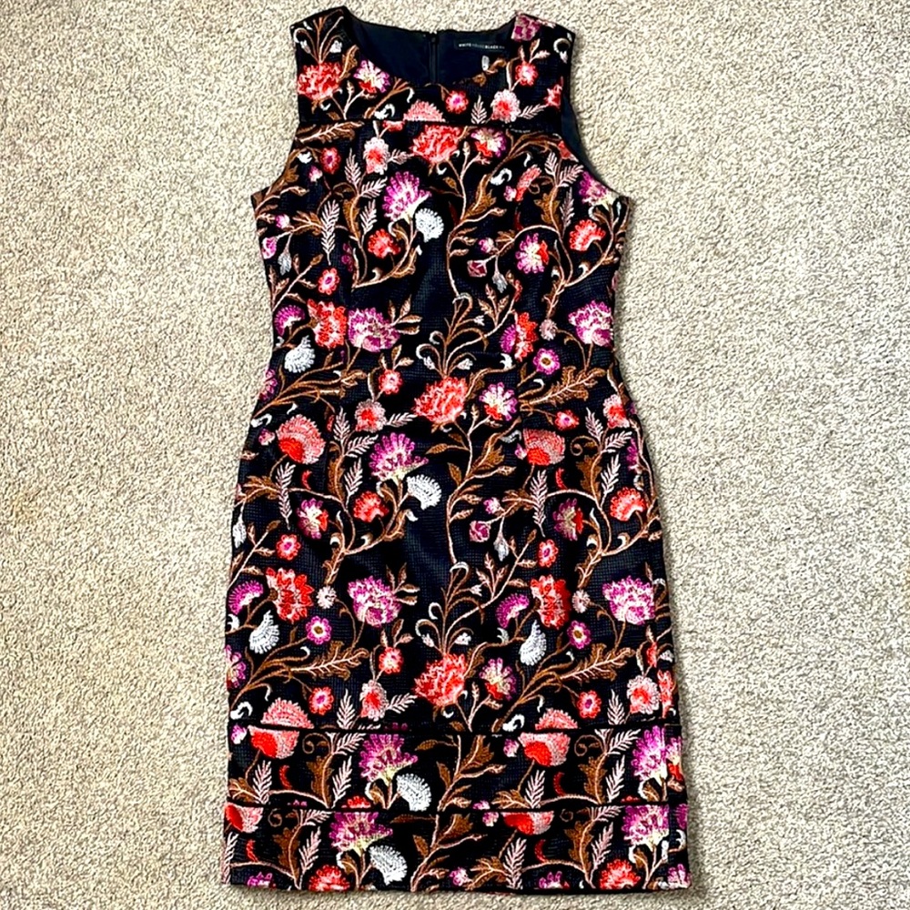 women’s dress XS Floral embroidered midi a line tweed White House Bck Market